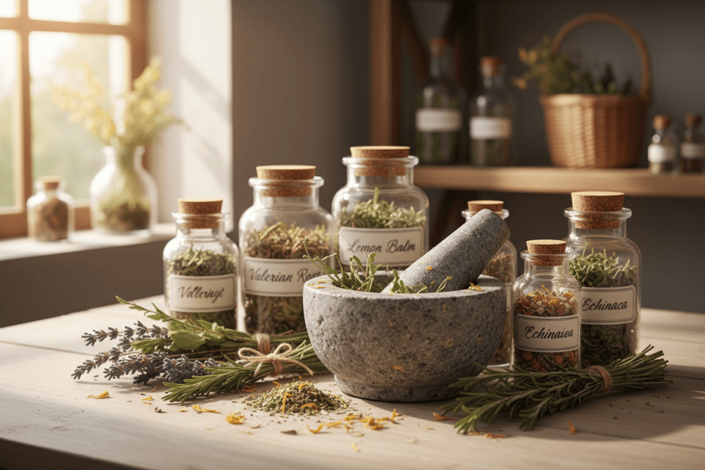 plantes médicinales et mortier pour la phytothérapie