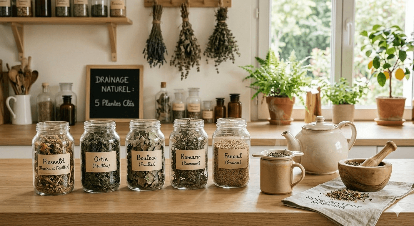 Bocaux de plantes drainantes : pissenlit, ortie, bouleau, romarin, fenouil