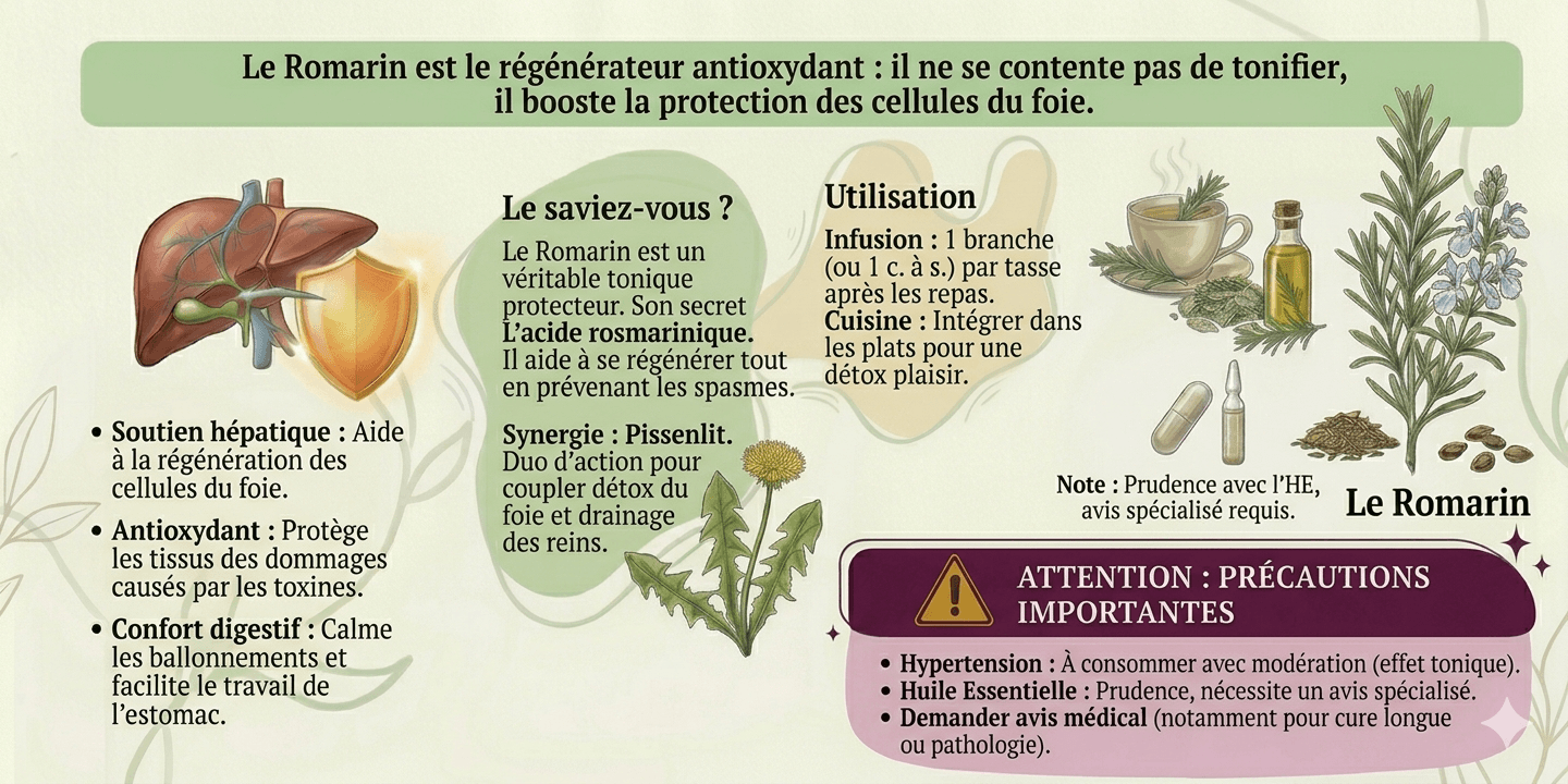 Infographie sur le Romarin — bienfaits, utilisation et précautions