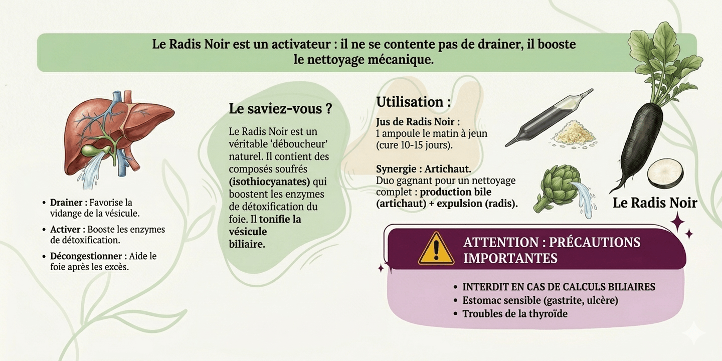 Infographie sur le Radis Noir — bienfaits, utilisation et précautions